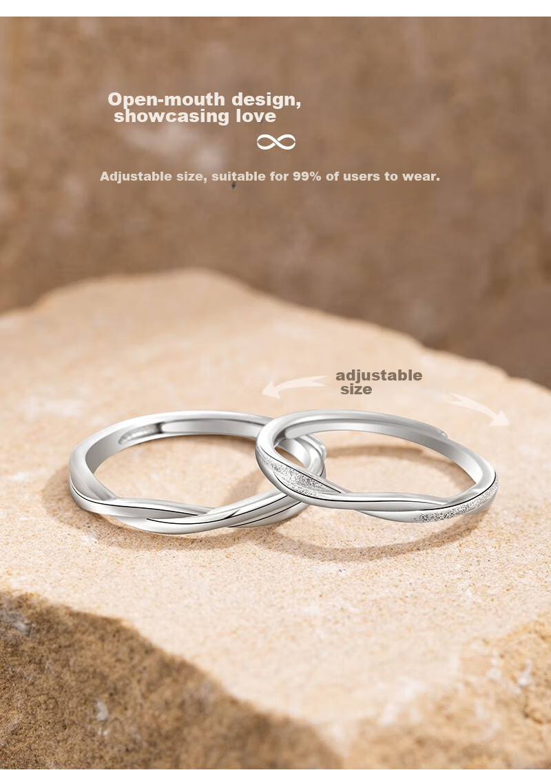 MANHE S999 Sterling Silver Couple Rings, One Pair of Engagement Diamond Rings, Adjustable Women's And Men's Rings, Valentine's Day Gift 8