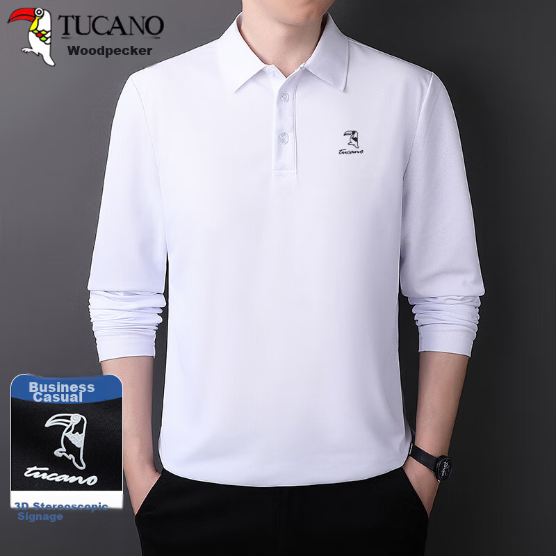 TUCANO Long-Sleeve T-Shirt for Men, Contrasting Color Business Casual Comfortable Polo Collar Undershirt Versatile Top Menswear White XL