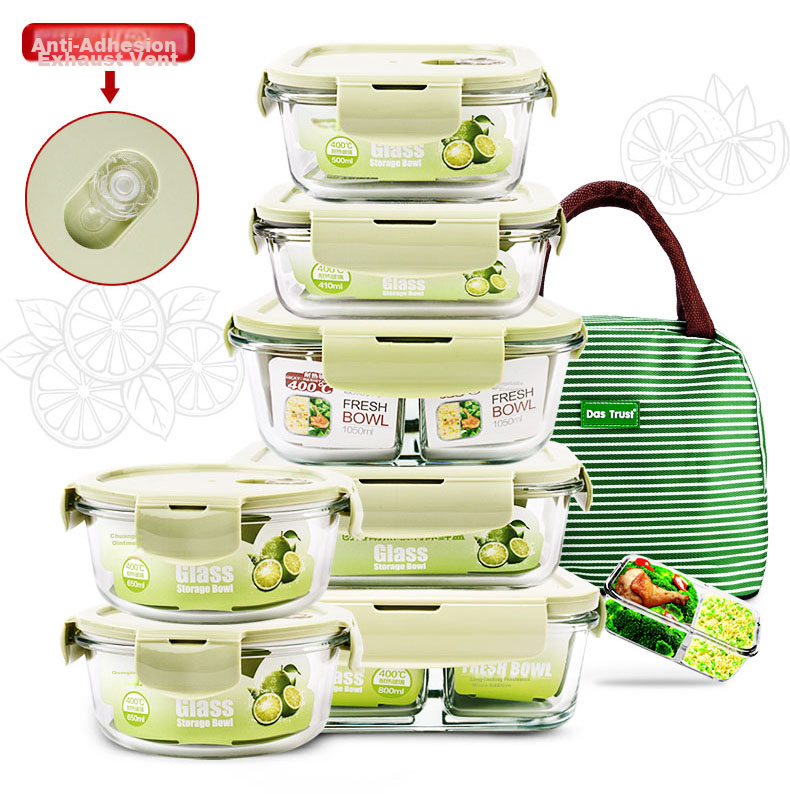Chuangde Heat-Resistant Glass Food Storage Container, Microwave-Safe Lunch Box for Office Workers, Three-Compartment 1020+700ml with Bag 1