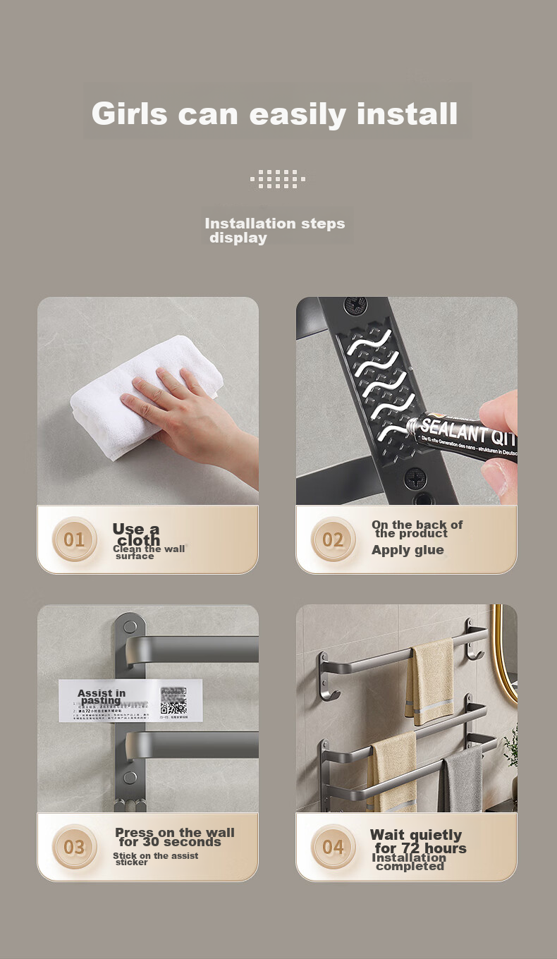 Baihan Towel Rack, Space Aluminum, No Drilling Required, Wall-Mounted Bathroom Storage Shelf with Hooks, Organizer Hanger Rod 16