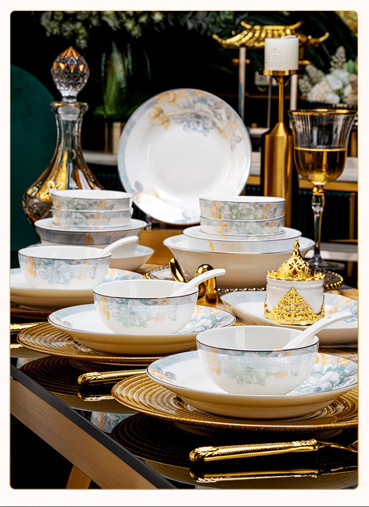 JD Original Bowl And Plate Tableware Set, Ceramic Dinnerware Gift Box for Housewarming, Yilan Youmeng 48-Piece 4