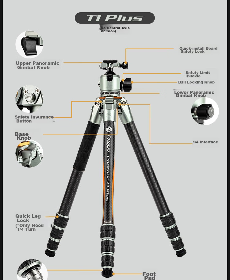 Fotopro T1 Plus Bowl Base Model, 10-Layer Carbon Fiber, Multi-Expand Holes, Dual Panoramic Ball Head, All-Terrain Master-Level Photography And Videography Professional Camera Mirrorless Tripod 26
