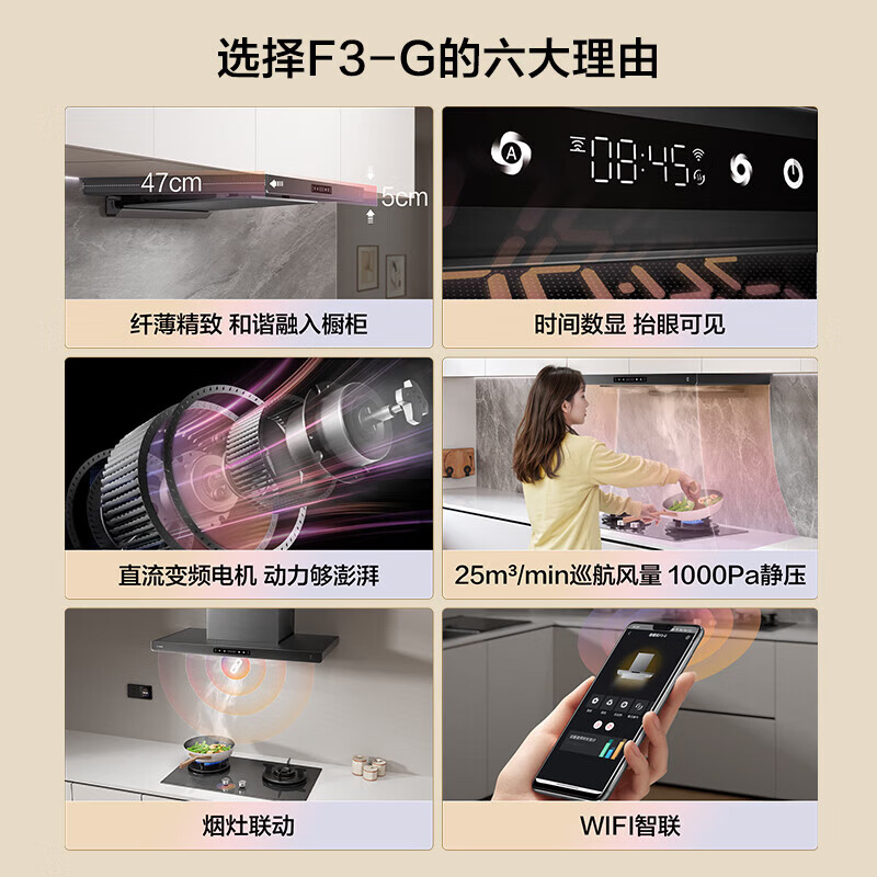 方太（FOTILE）f3纤薄油烟机抽油烟机燃气灶家用大吸力吸油烟机灶具套装烟灶套装25巡航风量 纤薄小巧机身 F3系列 【星空灰】F3-G单烟机 家用电器