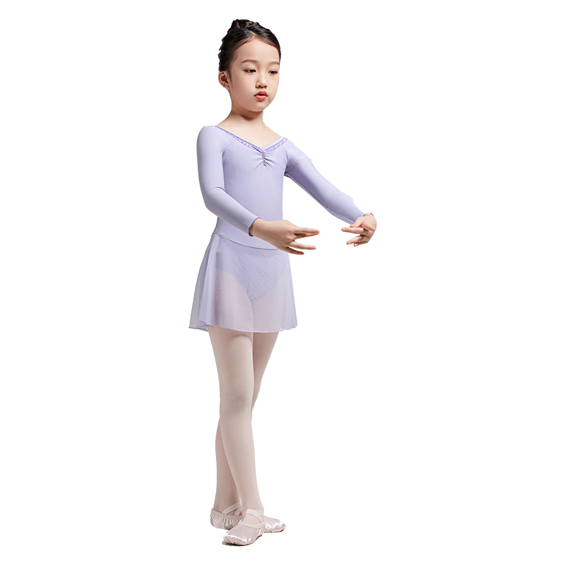 Sansha Ballet Practice Dress, Children's Dance Dress Long Sleeve Dress Chiffon V-Neck Lace Bodysuit Skirt, Light Purple, XL