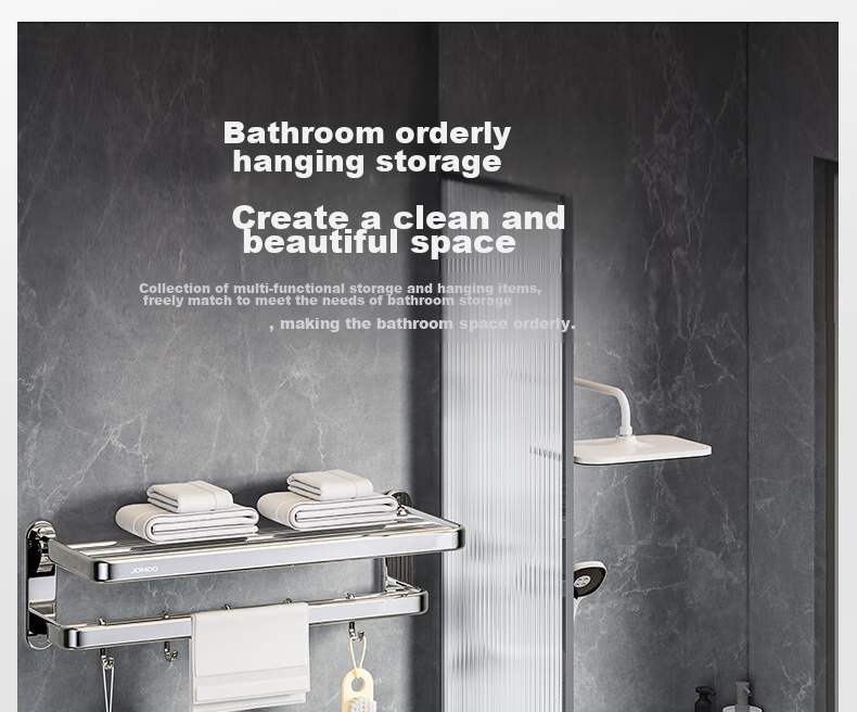 JOMOO Bathroom Storage Rack, Towel Holder, Thickened Foldable Bathroom Organizer, Bright Silver Stainless Steel, 936024 4