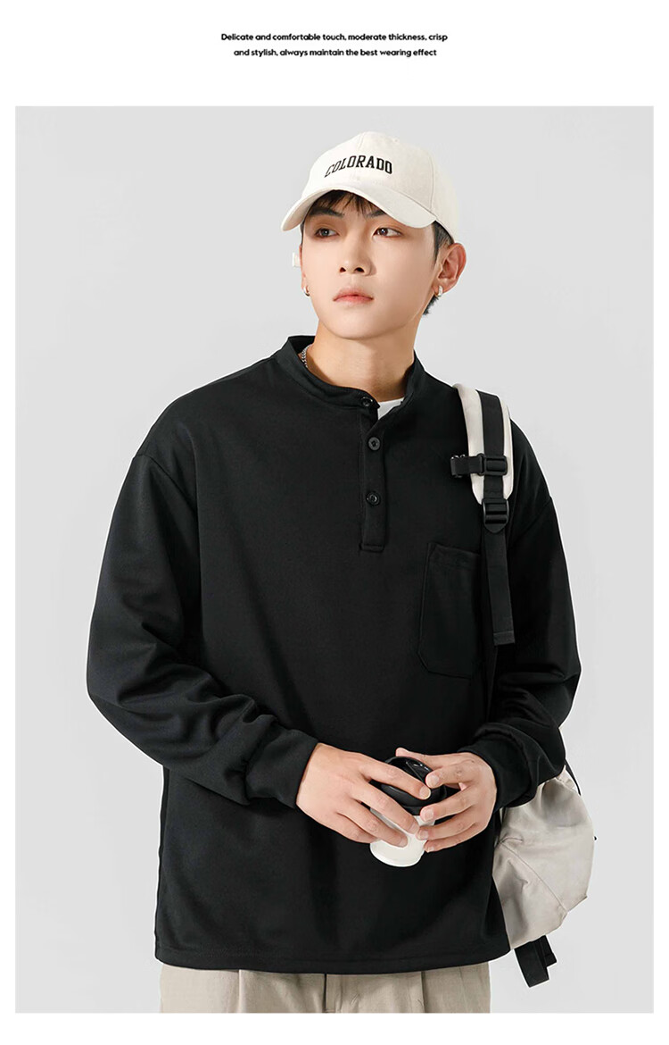 Dingfengbaoluo American Streetwear Men's Long Sleeve T-Shirt Spring Summer Crewneck Sweatshirt Loose Casual Base Shirt MT41 Black XL 7