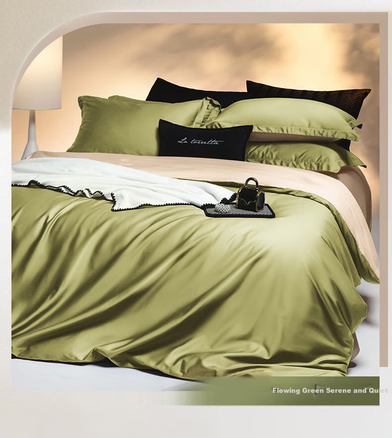 La Torretta Cotton Bedding Set, 100% Pure Cotton, 60-Count Long-Staple Cotton Duvet Cover, All-Cotton Quilt Cover, Bedsheet for 1.8/1.5 Meter Bed, Green Apricot 1