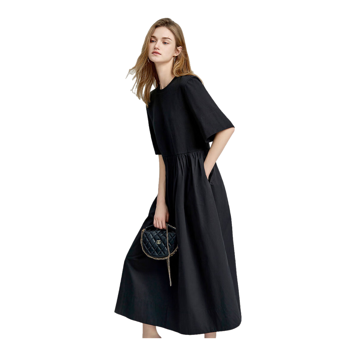 Dme [French Casual Everyday] Summer Round Neck T-Shirt Dress, 100% Cotton Little Black Dress, A-Line Long Dress for Wome