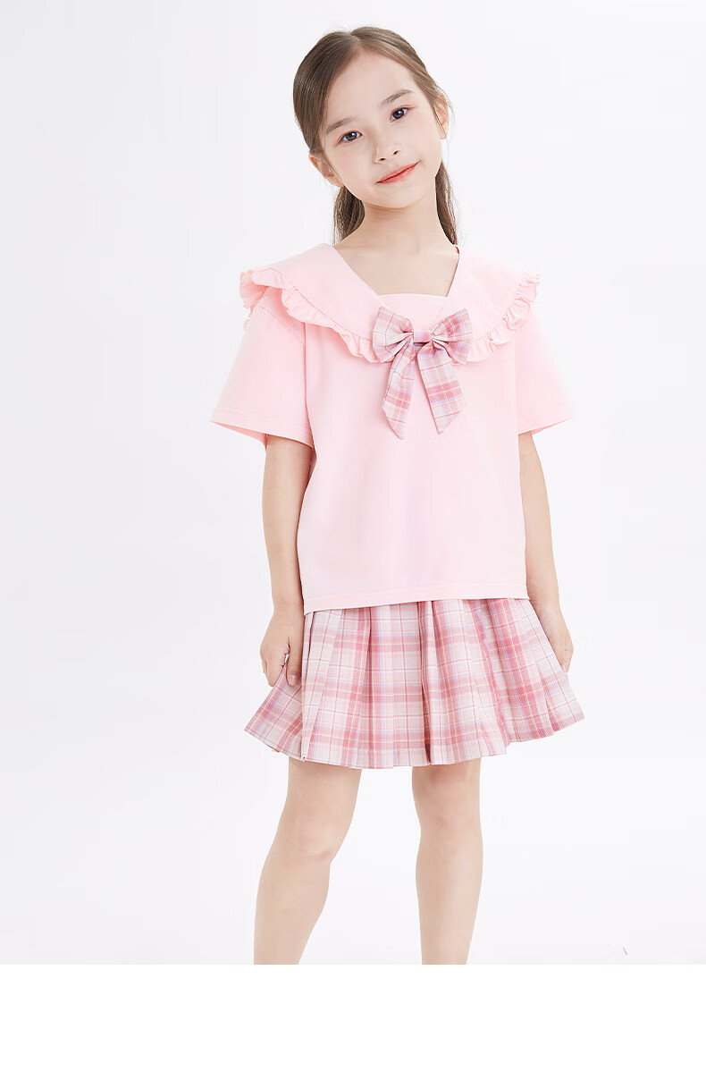 Duomiaowu Girls' JK Set, Children's T-Shirt Summer Outfit, Skirt for Older Kids, Preppy Style Two-Piece Set, Thin, 66325 Pink, Size 160 15