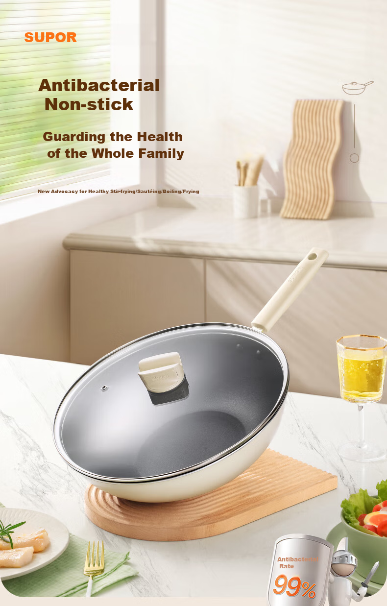 SUPOR Wok 32cm Non-Stick Pan Flat Bottom Household Stir-Fry Pan Antibacterial Wok Compatible with Gas And Induction Cooktops VC32SP05 1