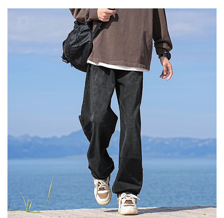 Dingfengbaoluo American Retro Washed Jeans for Men, Summer Cool High Street Casual Loose Straight-Leg Pants DFK06 Navy Blue XL 14