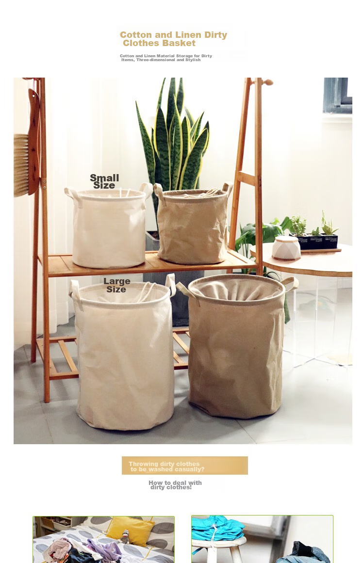 Yuanben Cotton Linen Fabric Laundry Hamper, Foldable Large-Size Dirty Clothes Basket, Ins Storage Bin, Open-Top Storage Basket 2