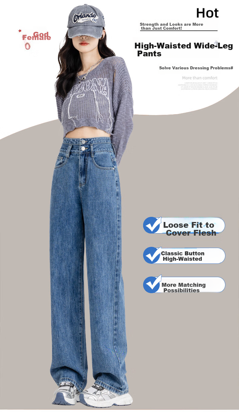 Jeanswest Women's Jeans, Summer High-Waisted Slimming Heightening Design Straight Wide-Leg Floor-Length Pants, Dark Blue, Size M 4