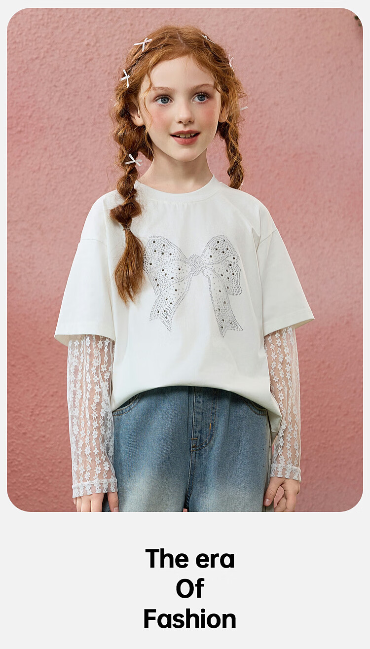 ASK JUNIOR Children's T-Shirt with Two Layers, Spring 2026 Girls' Butterfly Bow Lace Long-Sleeve Base Round Neck Top, Off-White, Size 130 10