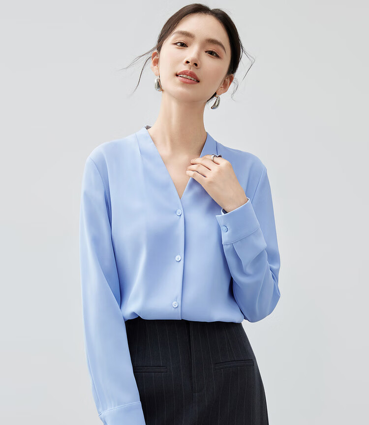 Sentubila Chiffon Blouse for Women, Spring And Autumn Elegant Office V-Neck Shirt, Slimming Loose Long-Sleeve Top, Off-White, M 17
