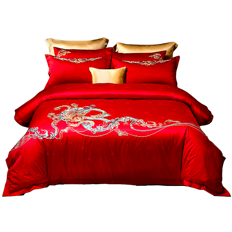 Fuanna Dragon and Phoenix Embroidered Wedding 6-Piece Set, Hundred Sons Jacquard Chinese Red Wedding Bedding, Dowry Gift for 1.5m Bed