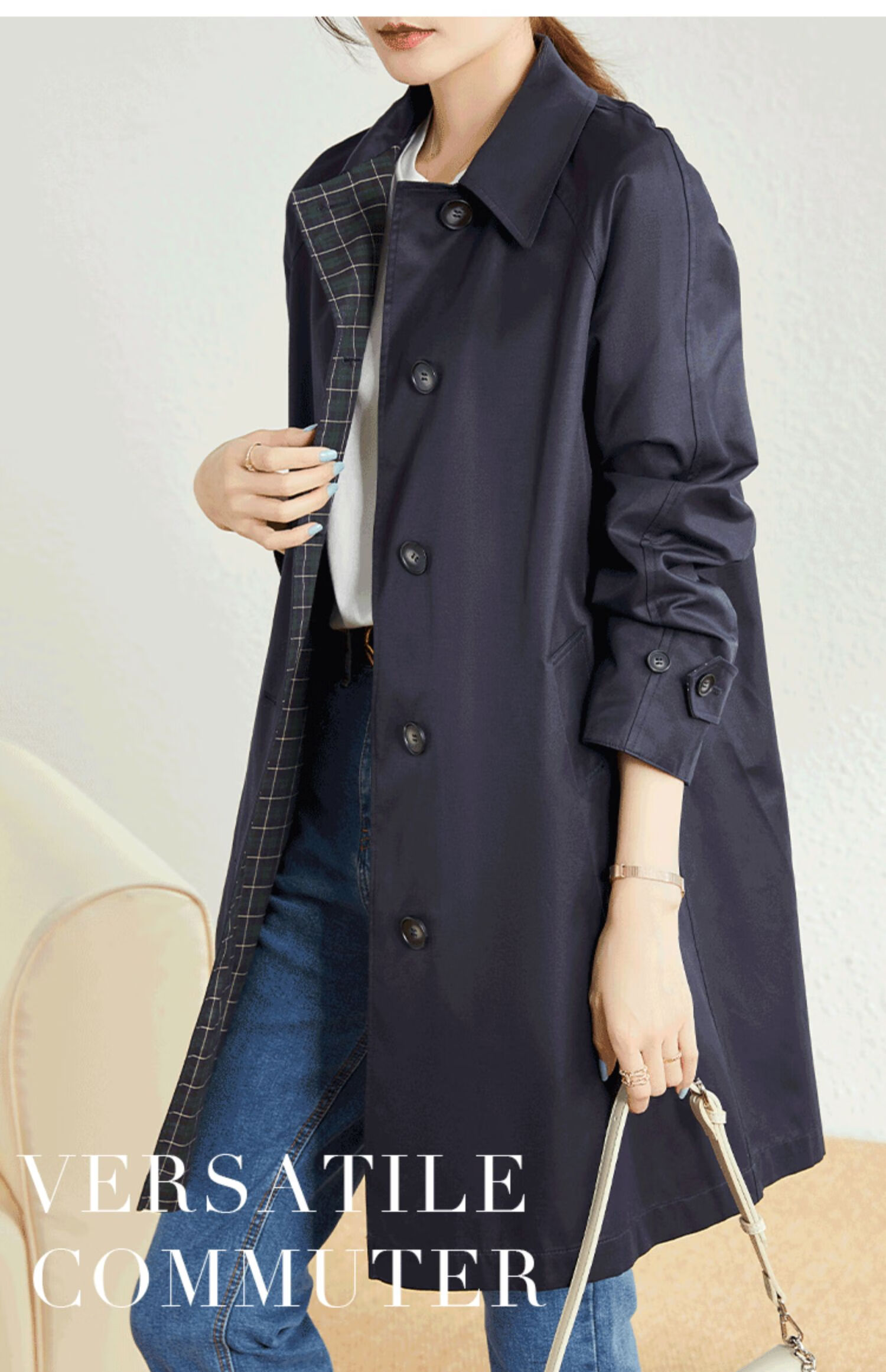 AOTUN British Style Women's Mid-Length Trench Coat Korean Version Slim Straight Jacket AT2359 Navy XXL 20