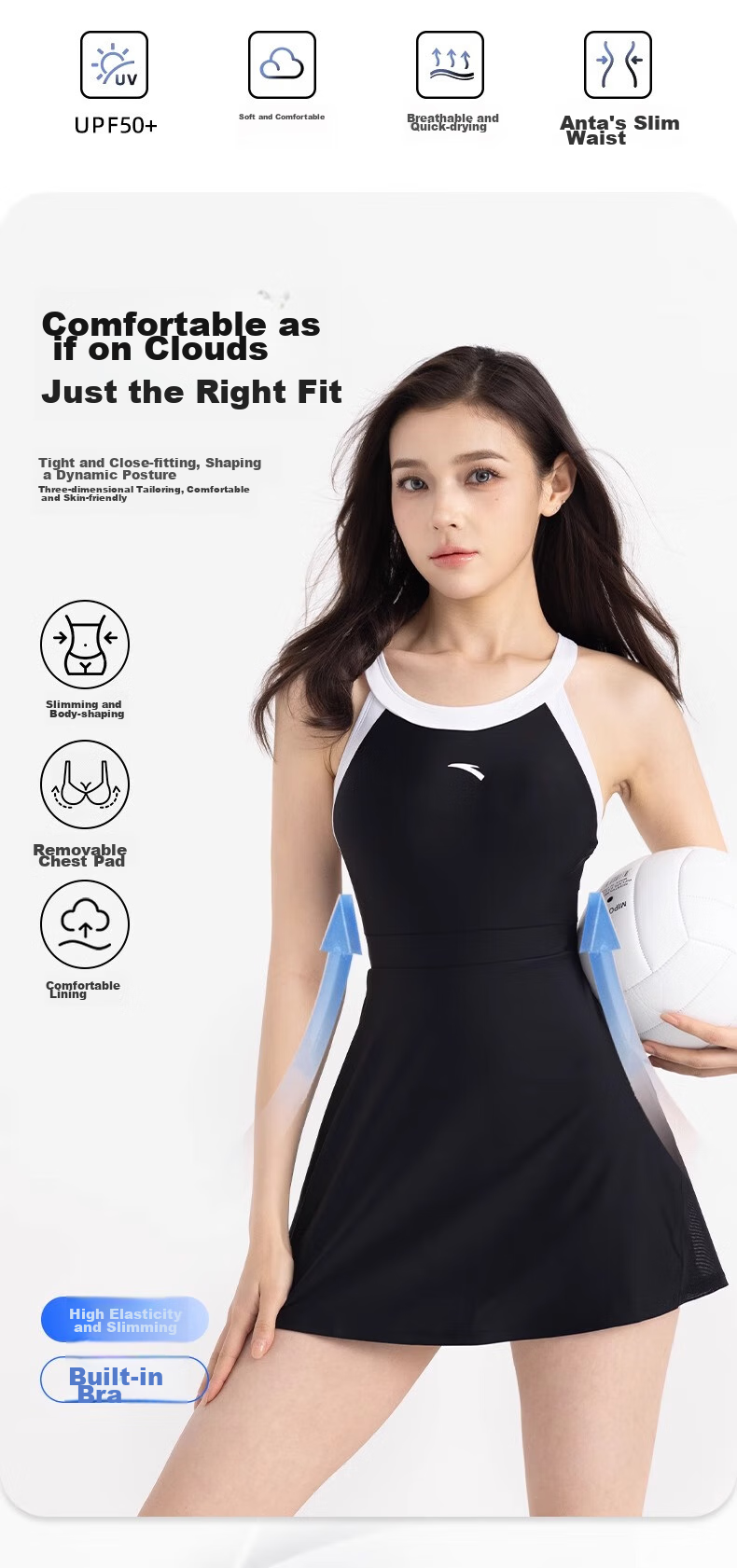 ANTA Slim Waist Swimsuit for Curvy Girls, 2026 New Style Hot Spring One-Piece Dress, Conservative Plus Size Swimwear, Black 2XL 2