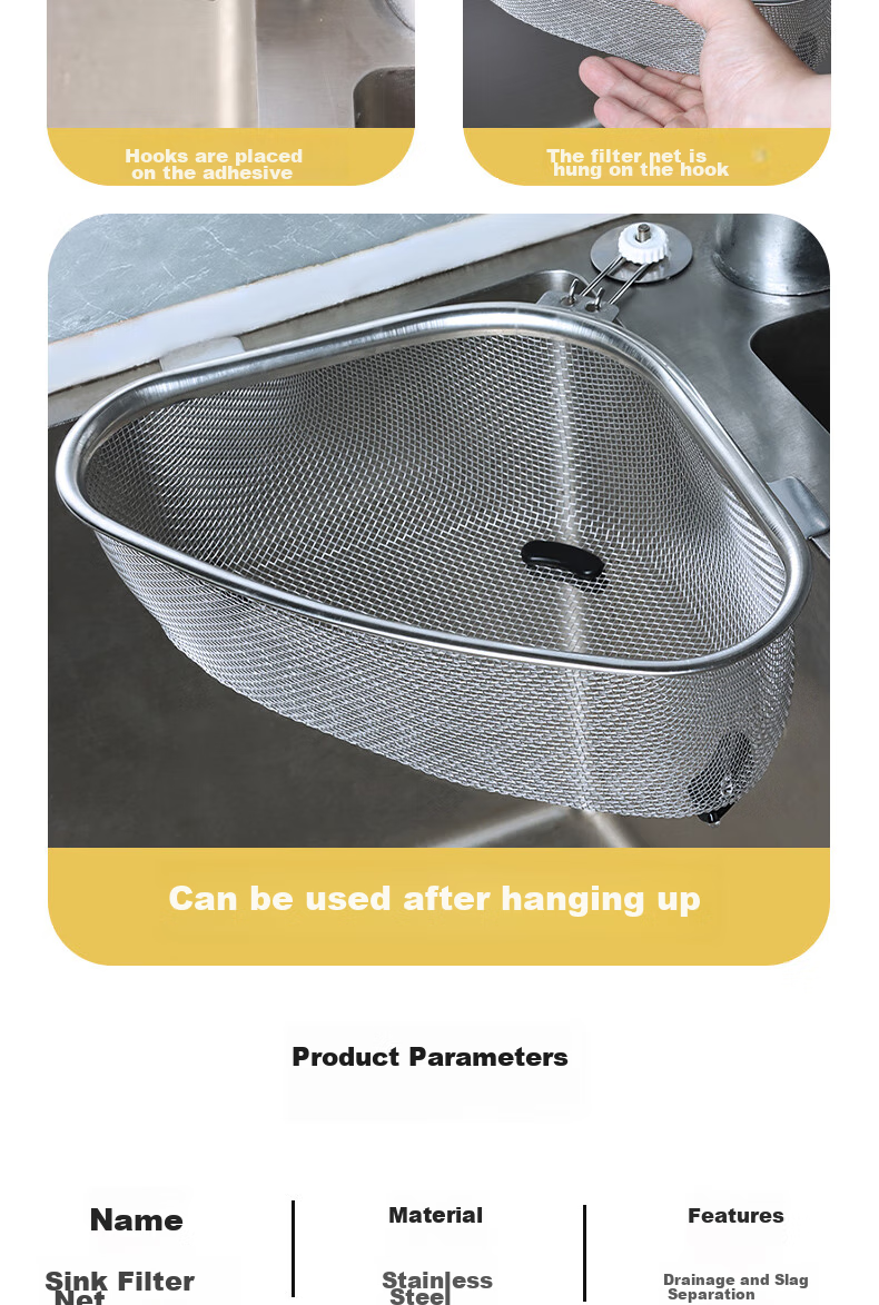 BJ Triangle Sink Strainer, Stainless Steel Kitchen Utensil, Multifunctional Drain, Food Waste Collector, Storage Rack 11