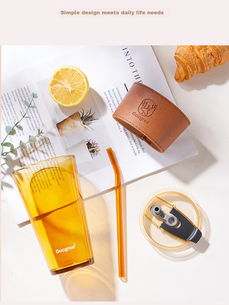 BJ Glass Water Cup, Bamboo Joint Cup with Straw, Water Cup with Lid, Coffee Mug, Gift Glass Beverage Cup, 450ML 6
