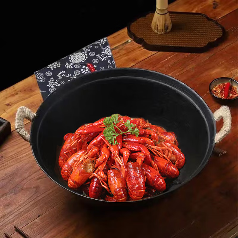 Xia Laoda Zhangqiu Cast Iron Wok, Double-Handled, Traditional Uncoated Non-Stick Frying Pan, Round Bottom Cooking Pot, 32