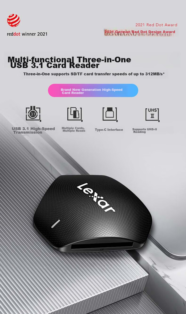 Lexar USB3.1 High-Speed Card Reader TF/SD/CF Multi-Function Three-In Supports UHS-II Reading Compatible with Camera Dash Cam Memory Cards Multi-Card Multi-Reading 1