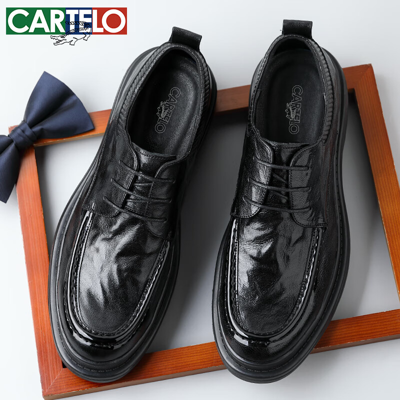 CARTELO Top-Grain Leather Men's Shoes, Business Thick-Soled Casual Leather Shoes, Hand-Scratched Pattern, Wrinkle-Resistant Men's Leather Shoes, 9710, Black, Size 42
