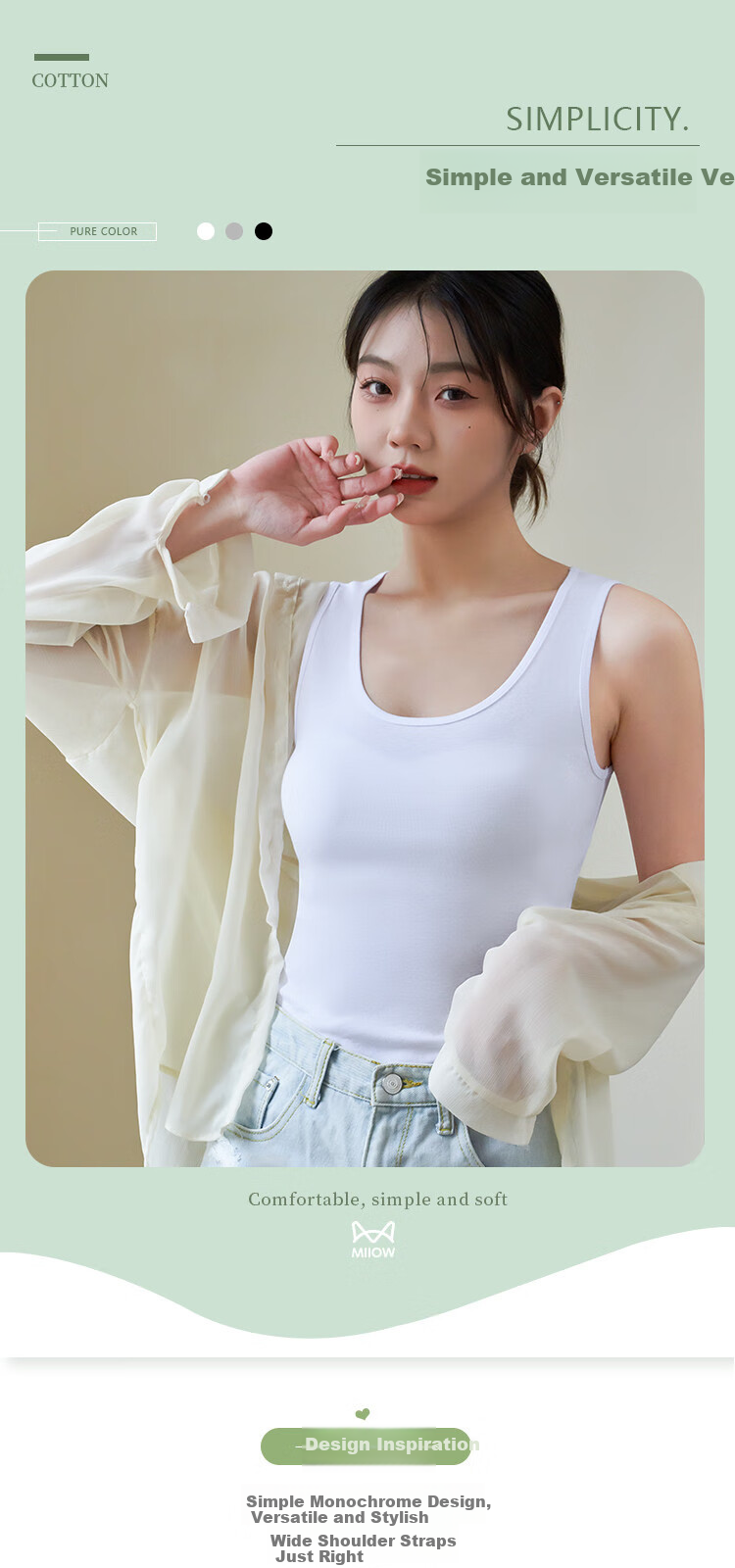 MiiOW Women's Camisole Tank Top, 2025 New Style, Pure Cotton Undershirt, Inner Wear Or Outer Wear Sleeveless Top, White, L 1