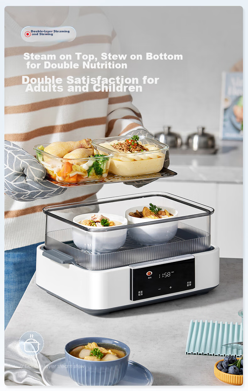Morphyrichards Electric Steamer Pot for Home Use, Suitable for 3-4 People, All-In Large Capacity Stainless Steel Steaming Rack, Programmable Rapid Steaming Pot, Steaming And Stewing Pot, Egg Steamer, Corn Steamer, Breakfast Machine MR1158 Blue 8