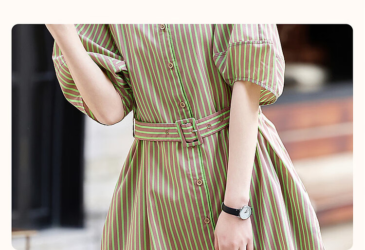 Dme [Tiansitongqin Piece] Summer French Simple Style Ceiling Lyocell Shirt Dress, Striped Waist Belt Dress 3