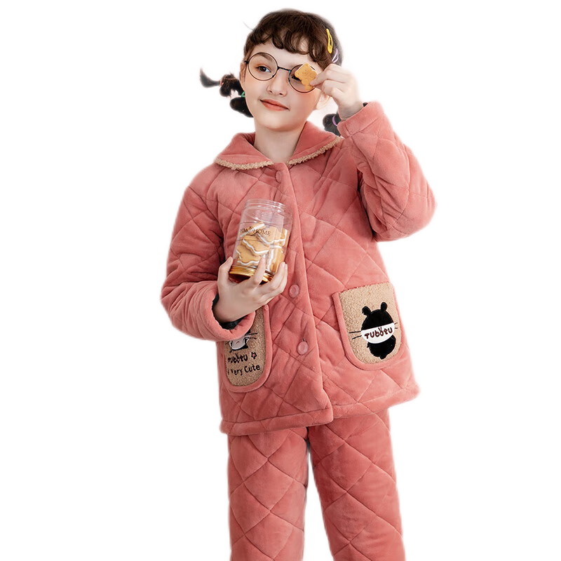 Fenteng Children's Pajamas for Girls, Warm Baby Fleece Three-Layer Quilted Thick Girls' Loungewear Q9984750924