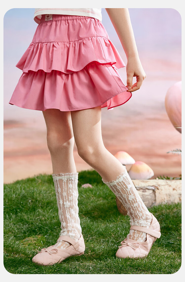 ASK JUNIOR Puffy Skirt Girls' Summer Dress Fashionable Versatile Double-Layered Skirt Sweet Stylish Children's Princess Dress Pink 110 14