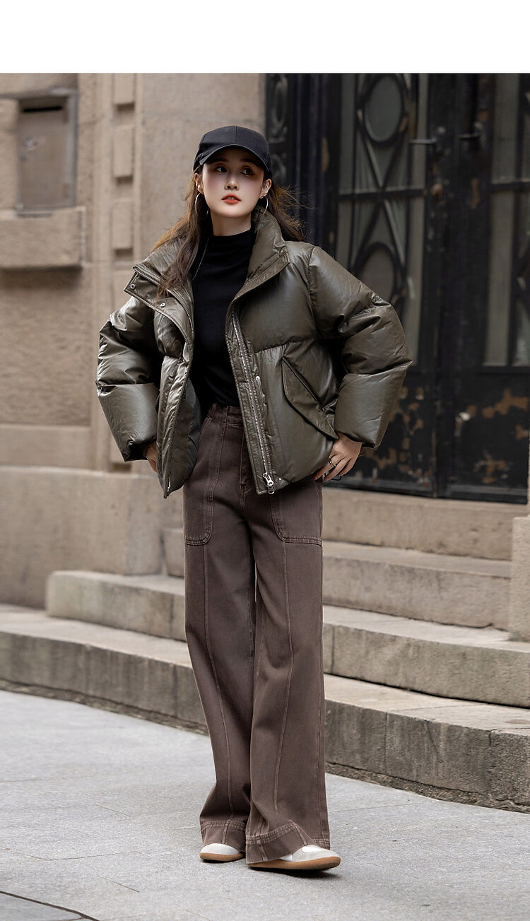 Dme [Washless Luxury Old-Style] Winter New Stand-Collar PU Loose Long-Sleeve Thick Warm Slimming down Jacket for Women, Short Style 13