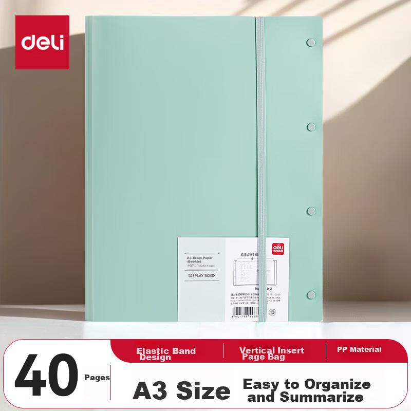 Deli A3/40-Page Document Folder, Exam Paper File Folder with Sleeves, Certificate Collection Folder, Prenatal Checkup Report Organizer, Sheet Music Folder, Elementary to High School PQ310-T40 Gree