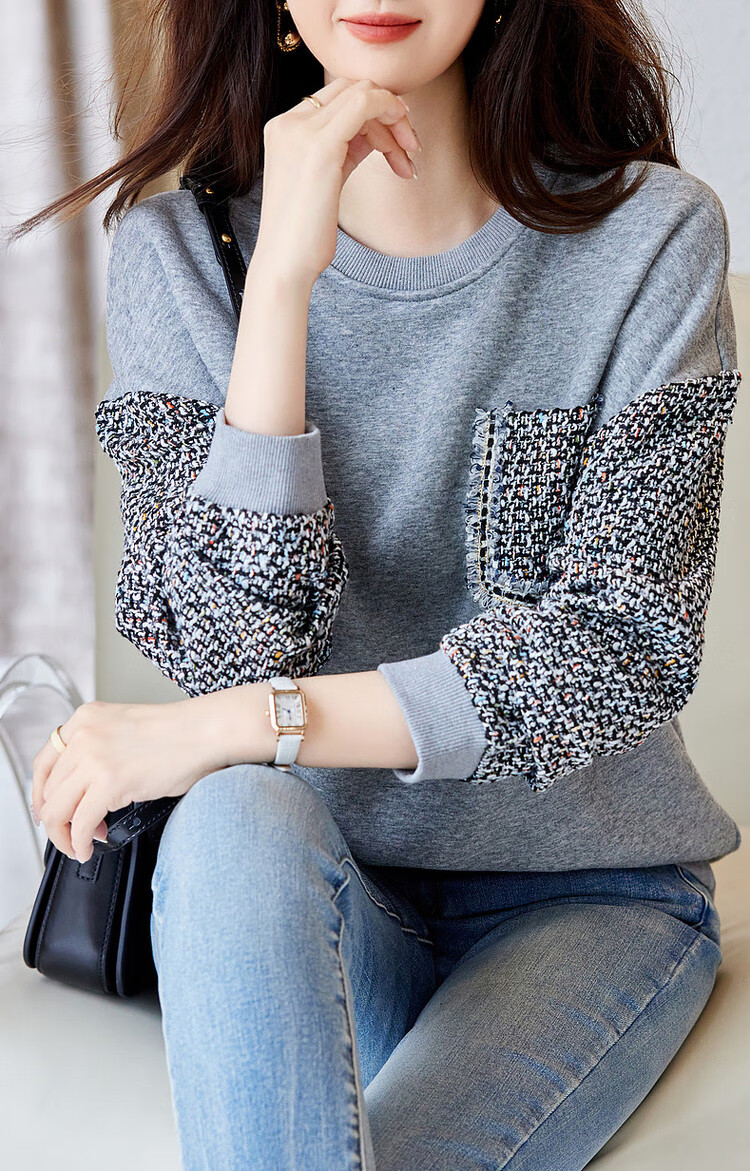 Dme Simple Color-Block Elegant Fleece-Lined Sweatshirt, Autumn And Winter Cotton Round Neck Loose Women's Top, Gray Fleece, XL 9