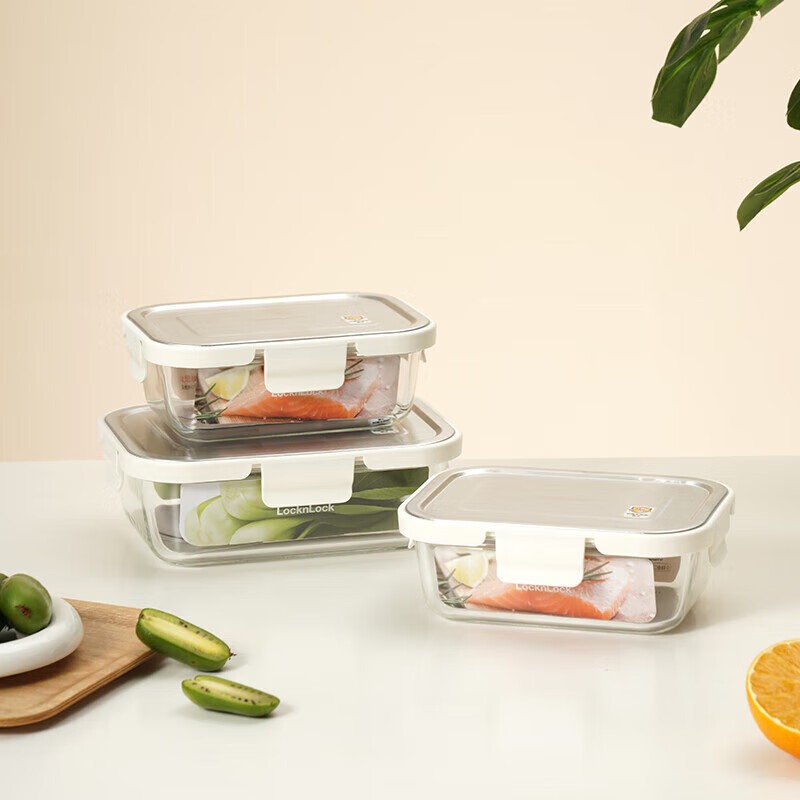 LOCK&LOCK Glass Food Storage Containers Set of 3 with Stainless Steel Lids (Sealed), Refrigerator-Safe Lunch Boxes, Dishwasher Safe