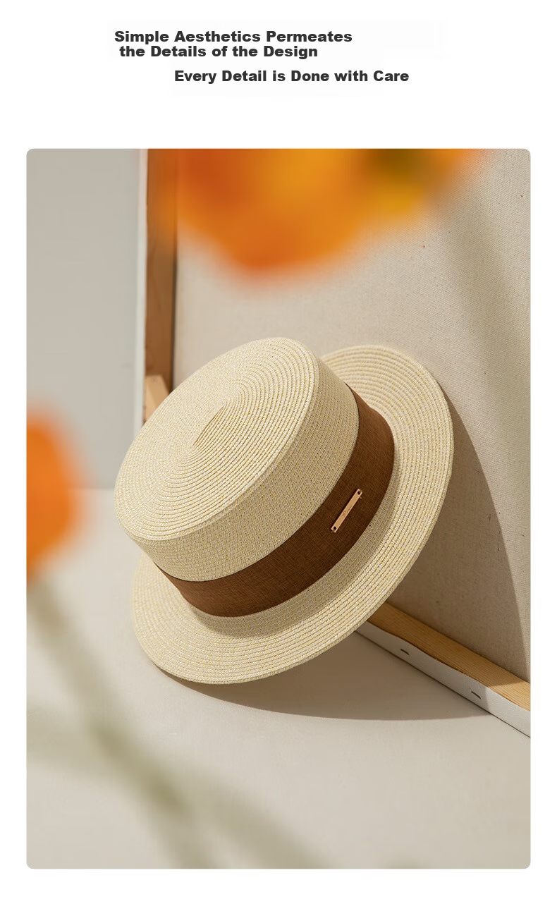 FANCET Flat-Top Straw Hat for Women, Summer Lightweight Luxury Elegant Sun Hat, Beach Vacation Sandal Straw Hat, Japanese-Style Woven Straw Hat 4