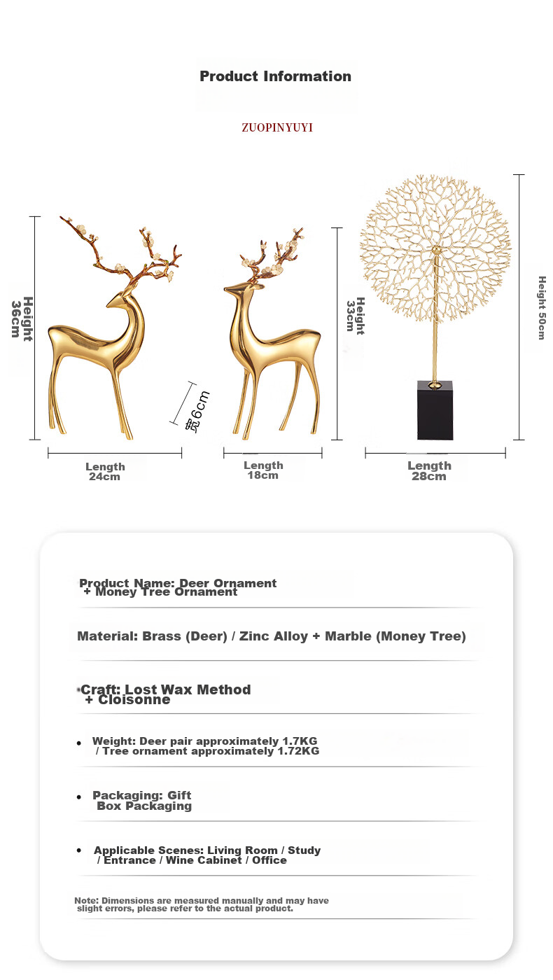 Nuoshiman Copper Deer Living Room Ornament, Craft Office TV Cabinet Entrance Decoration, Wedding Housewarming Gift, Moving And Business Opening Present 5