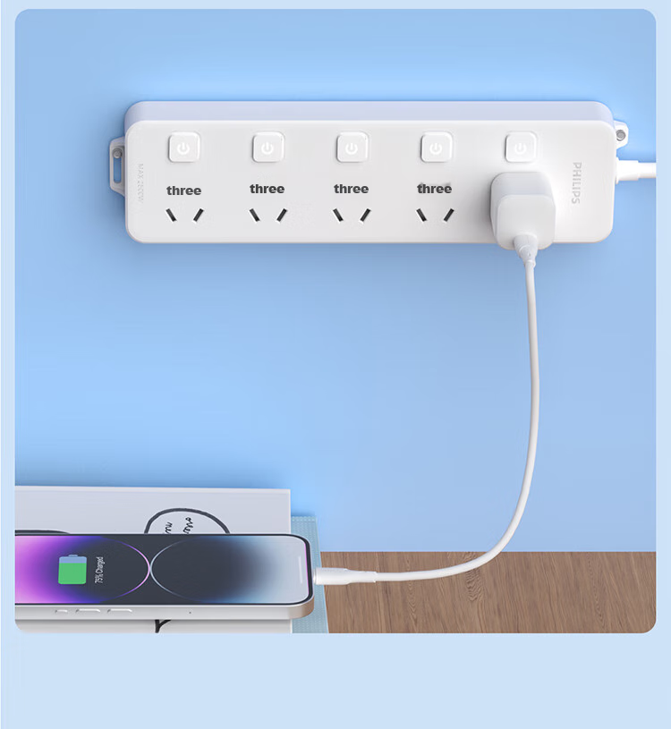 PHILIPS 5-Outlet Independent Switch, 2.8 Meters, Large Hole Spacing, Power Strip/cord Organizer/extension Cord Holder 6