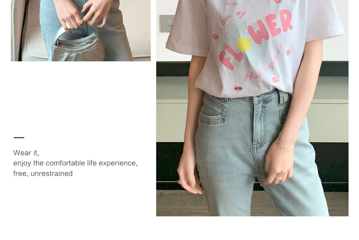 Halo Queen Women's Short-Sleeve T-Shirt, Summer Undershirt, Inner Layer Top, Trendy Letter Print, Loose-Fitting T-Shirt, H143T1418 42