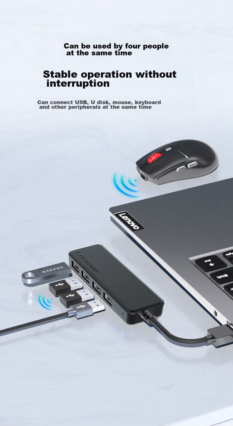 Lenovo USB Hub, 2.0 Interface Converter, High-Speed Expansion Dock, Charger Adapter, HUB Concentrator, Extension Cable, Expansion Dock Suitable for Laptops And Desktop Computers 3