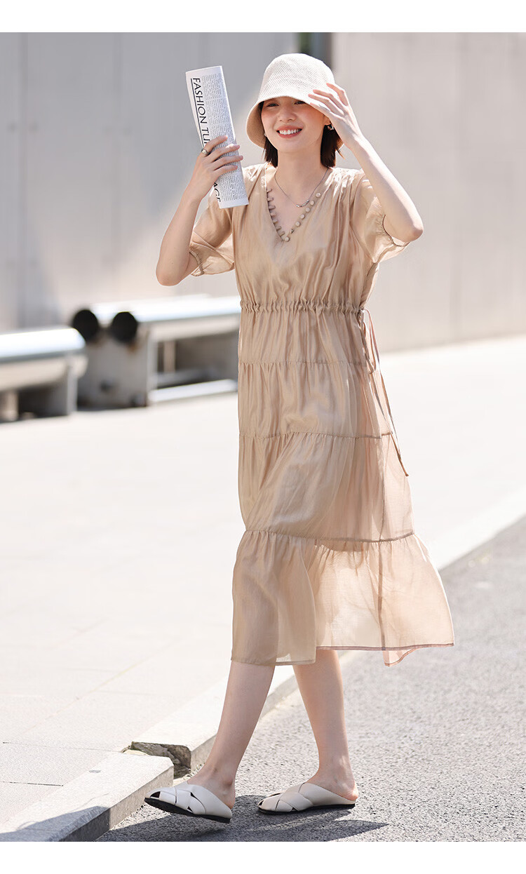 Dme Tencel Flowy Dress with Drawstring Waist And V-Neck Short Sleeves for Women, Light Pink, Size S 7