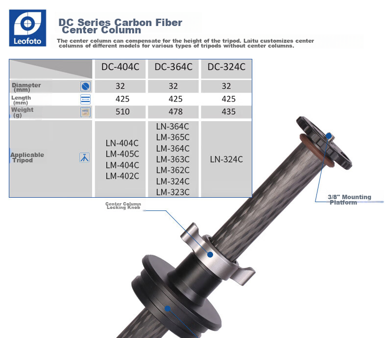 Leofoto Central Column, Carbon Fiber Central Column 2-Section Tripod with Central Column Tube DC-282C 2
