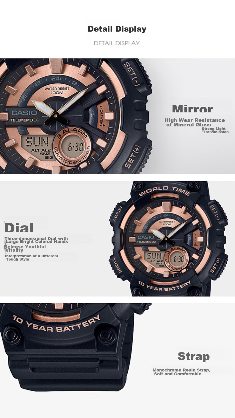 Casio Men's Sports Multifunctional Dual Display Waterproof Solar-Powered Electronic Watch, Student Gift AEQ-110W 14