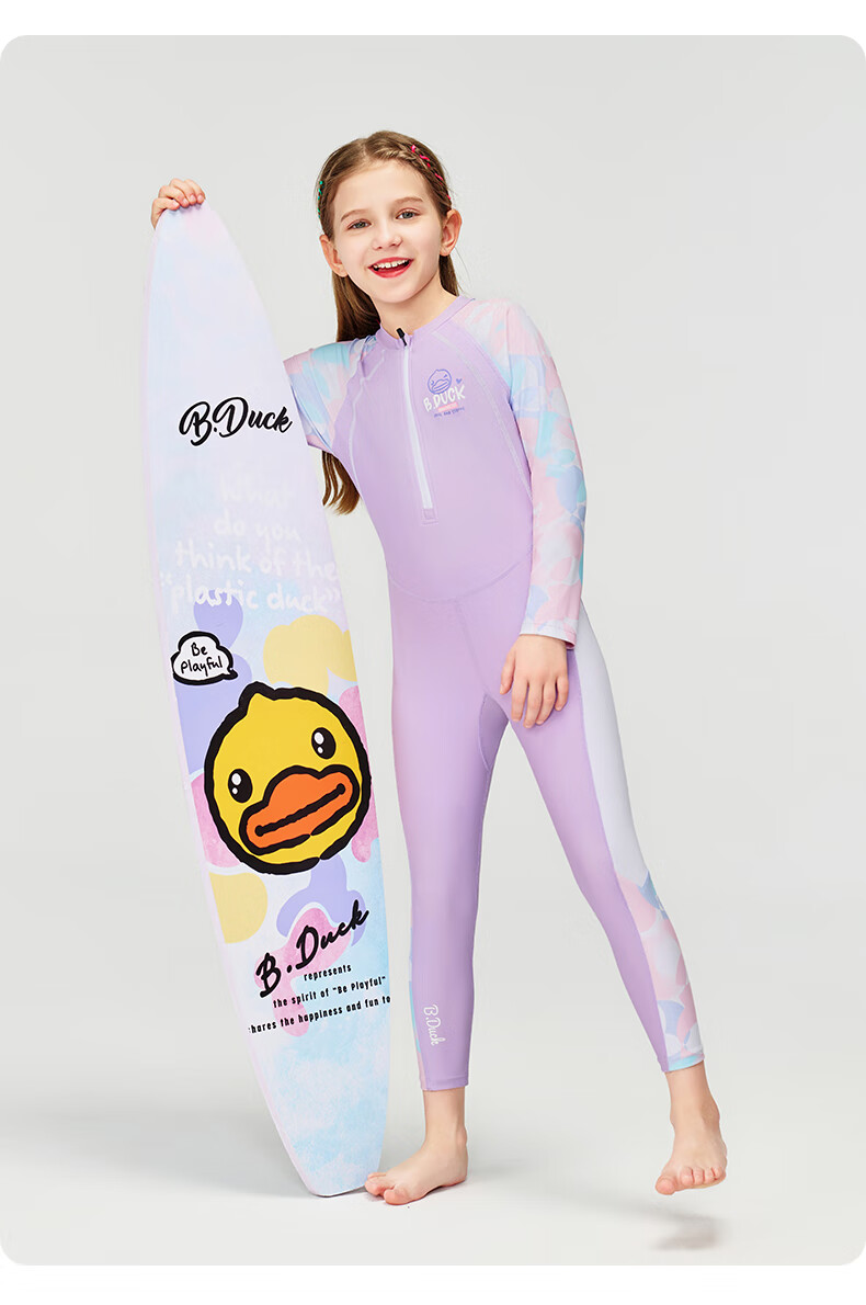 B.Duck Children's One-Piece Swimsuit for Girls, Long-Sleeve Sun Protection Swimwear for Older Kids, Mermaid Purple, Size 120 3