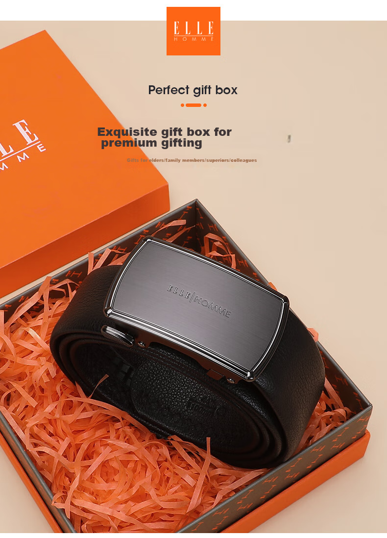 ELLE HOMME Men's Belt, Business Fashion Automatic Buckle Waistband, Top-Grain Leather Trouser Belt for Men, Birthday Gift for Boyfriend 1