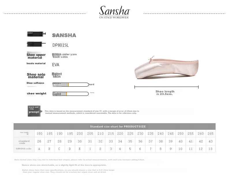 Sansha Princess Ballet Pointe Shoes, Satin Practice Shoes, Leather Sole Dance Shoes, Hard Shoes DP801SL, English Satin, Size 38 2