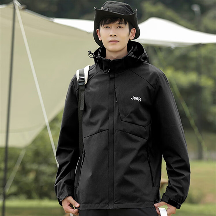 JEEP Men's Jacket, Simple Loose Fit, Hooded Sports Outdoor Clothing, Men's Outerwear, 075 Black, Size M 14
