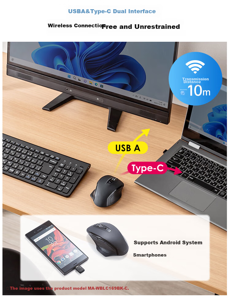 SANWA Ergonomic Wireless Dual-Mode Mouse, Quiet Blue Light, Mobile Phone Mouse, Type-C USB Switchable, Dual Receiver, Rechargeable WBLC169 Black 5