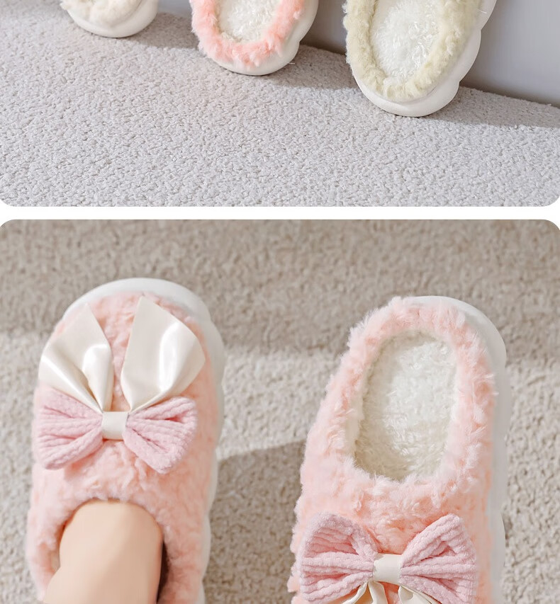 Huameijianbu Butterfly Bow Women's Cute Warm Thick-Soled Home And Outdoor Cotton Slippers HM298 White Size 40-41 18